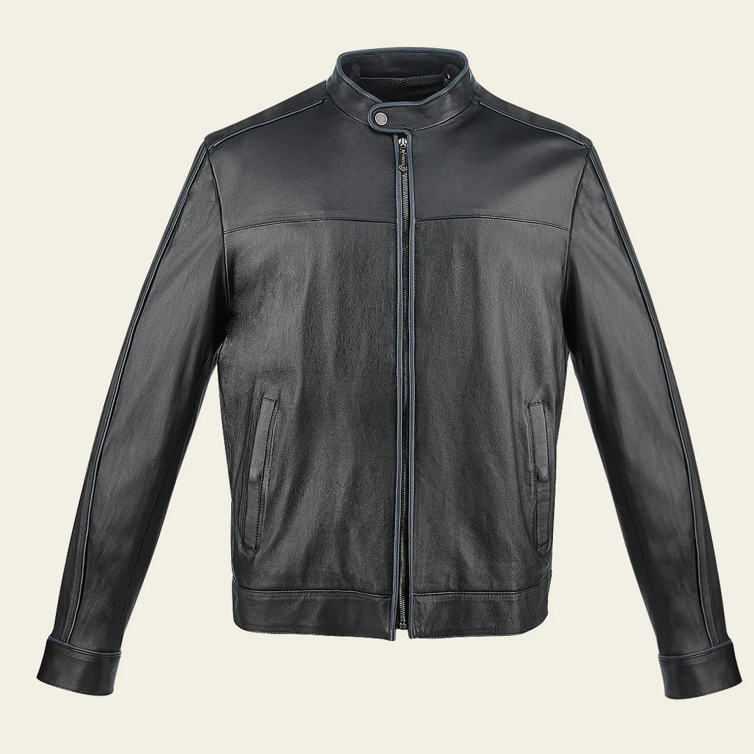 H269BOB - Cuadra black casual fashion lambskin leather racer jacket for men