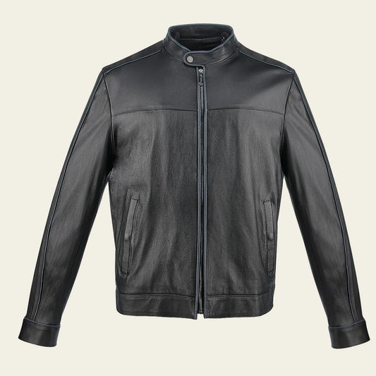 H269BOB - Cuadra black casual fashion lambskin leather racer jacket for men