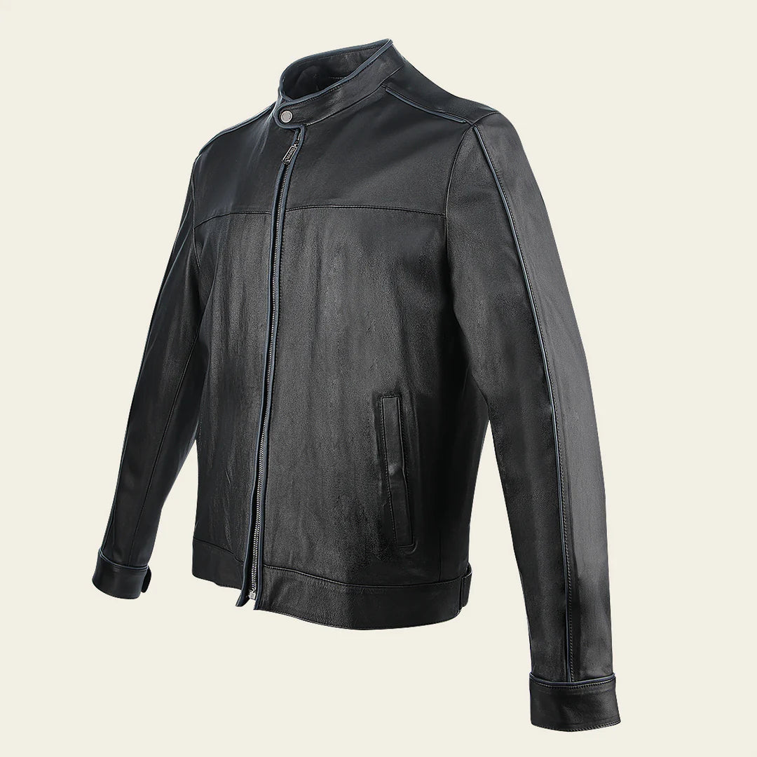 H269BOB - Cuadra Black Casual Fashion Lambskin Leather Racer Jacket
