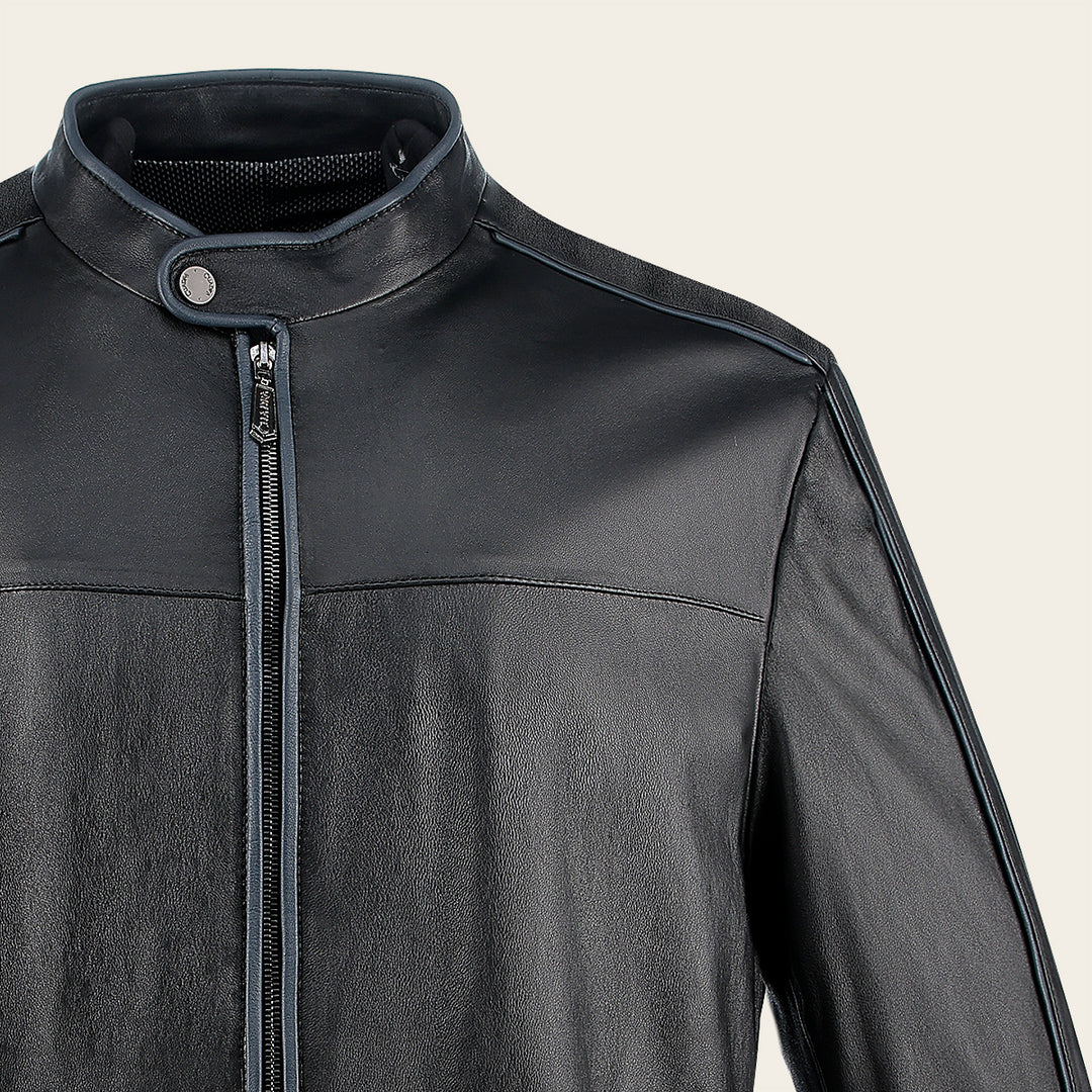 H269BOB - Cuadra Black Casual Fashion Lambskin Leather Racer Jacket