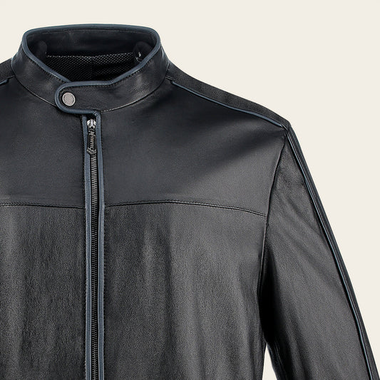 H269BOB - Cuadra black casual fashion lambskin leather racer jacket for men