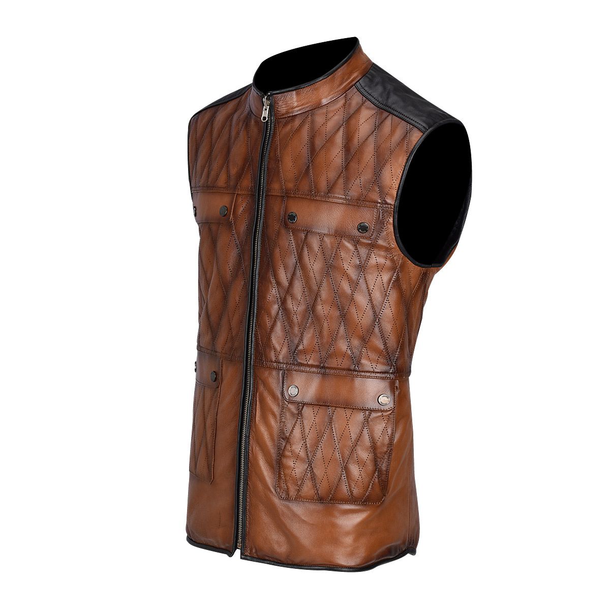 H302COB- Cuadra maple casual fashion quilted goat leather racer vest for men-Kuet.us