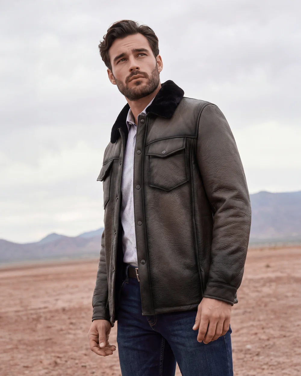 H417BOB - Cuadra Men's Brown Burnished Ovine Leather Shirt Jacket