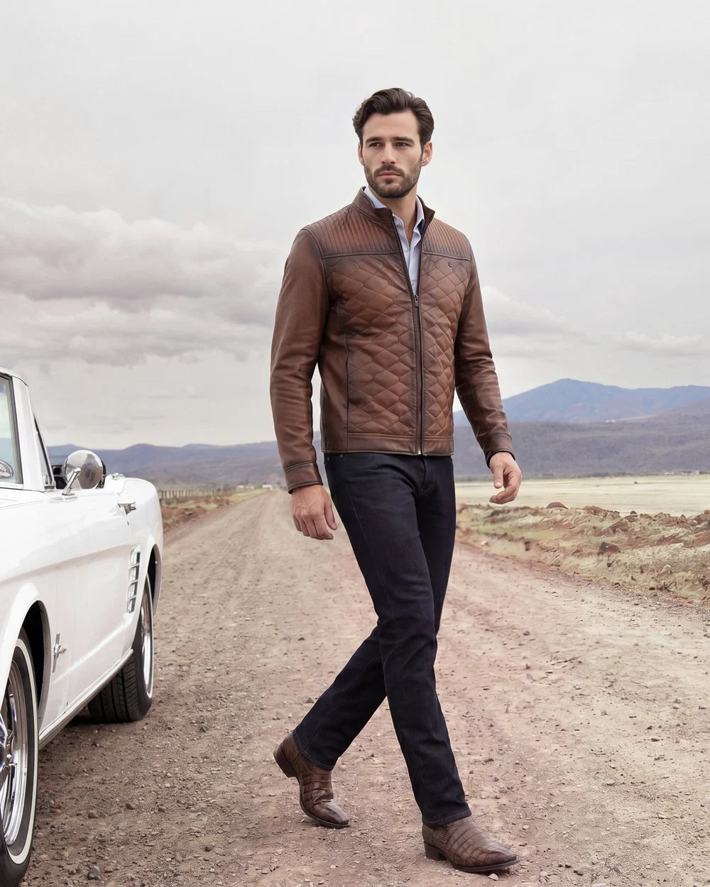 H427COC - Cuadra Brown Casual Fashion Quilted Ovine Leather Jacket for Men