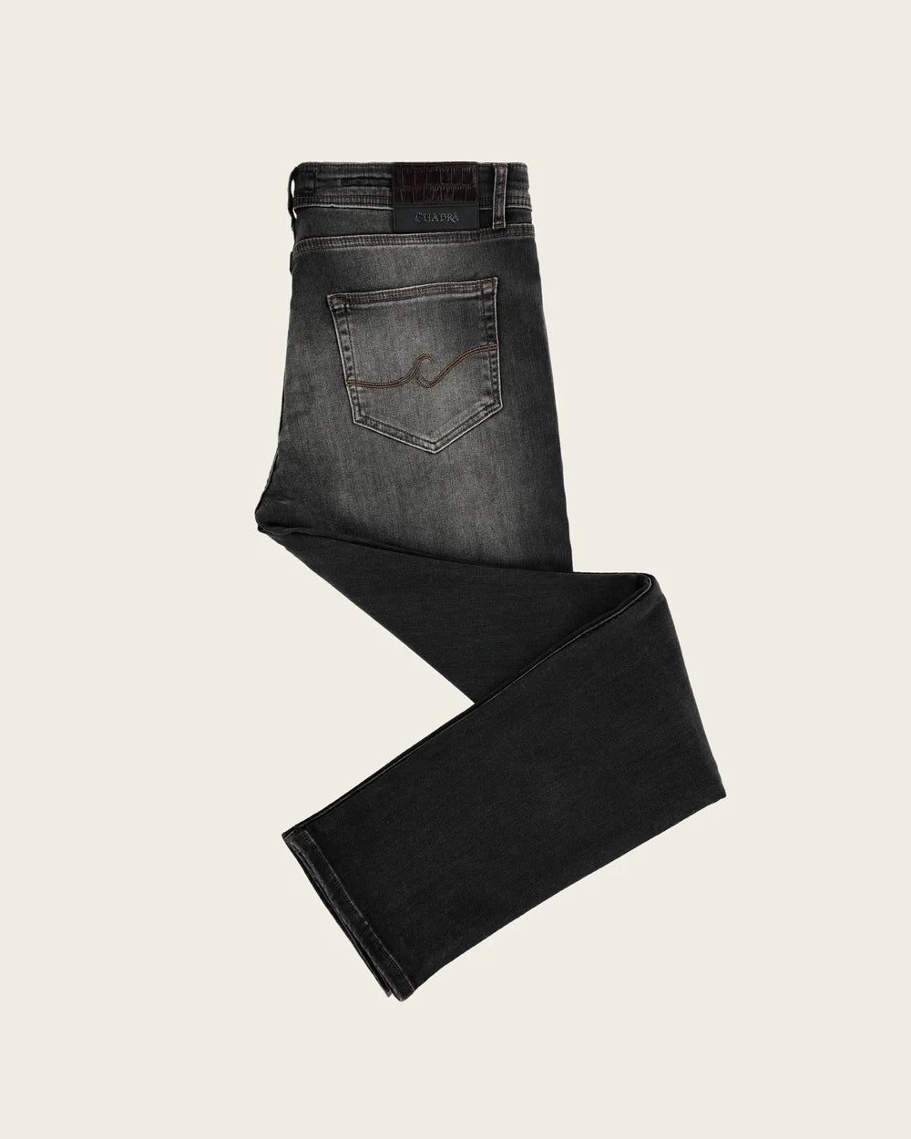 J230052 - Cuadra washed black straight leg jeans for men with leather patch