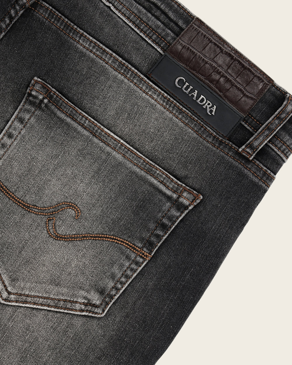 J230052 - Cuadra washed black straight leg jeans for men with leather patch