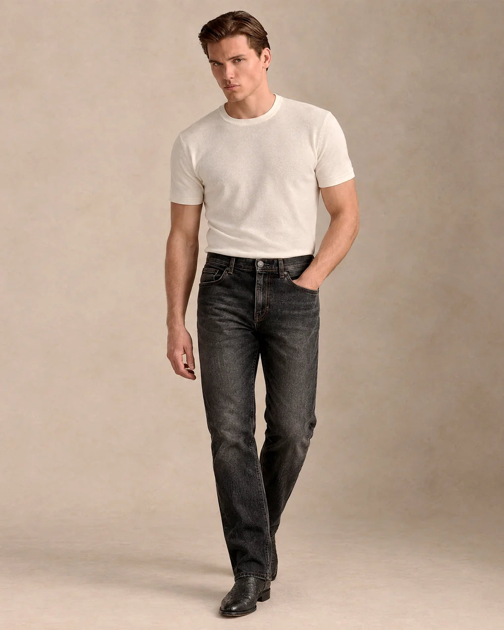 J230052 - Cuadra washed black straight leg jeans for men with leather patch