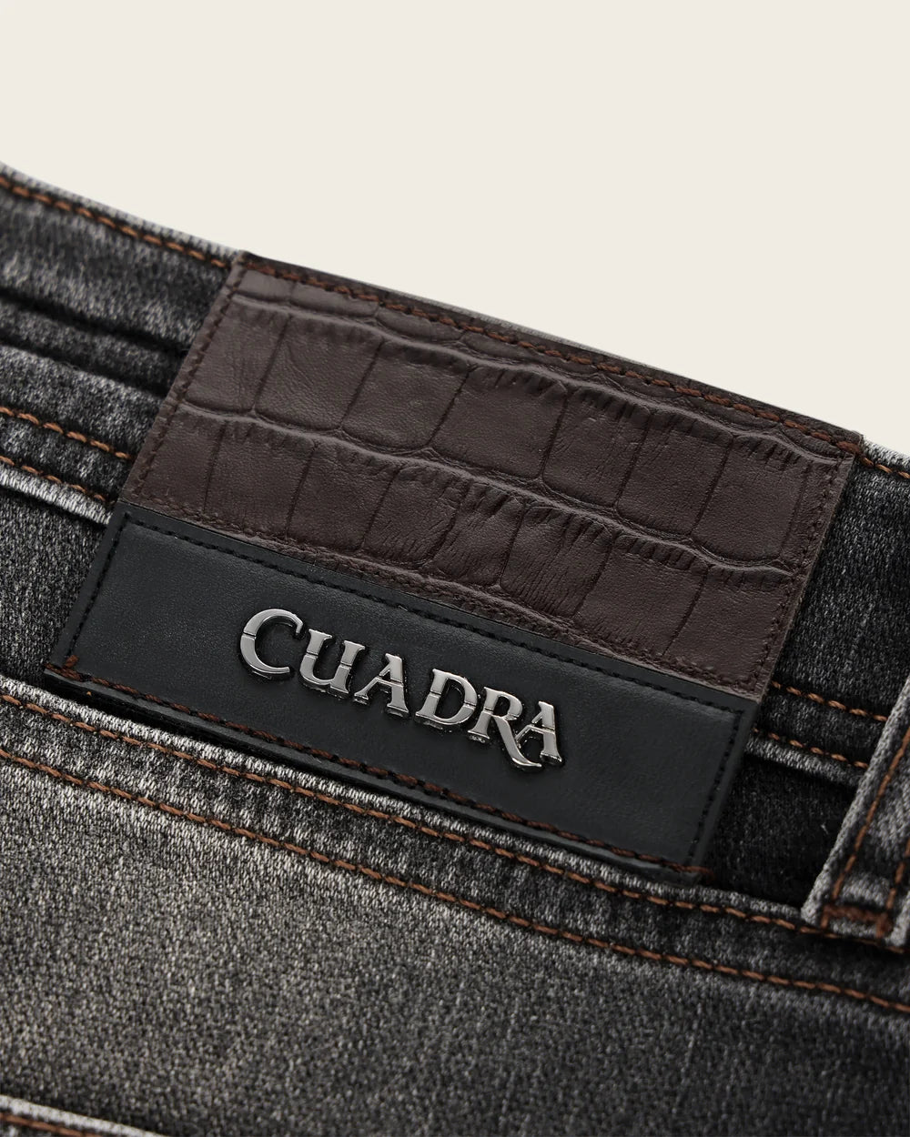 J230052 - Cuadra washed black straight leg jeans for men with leather patch