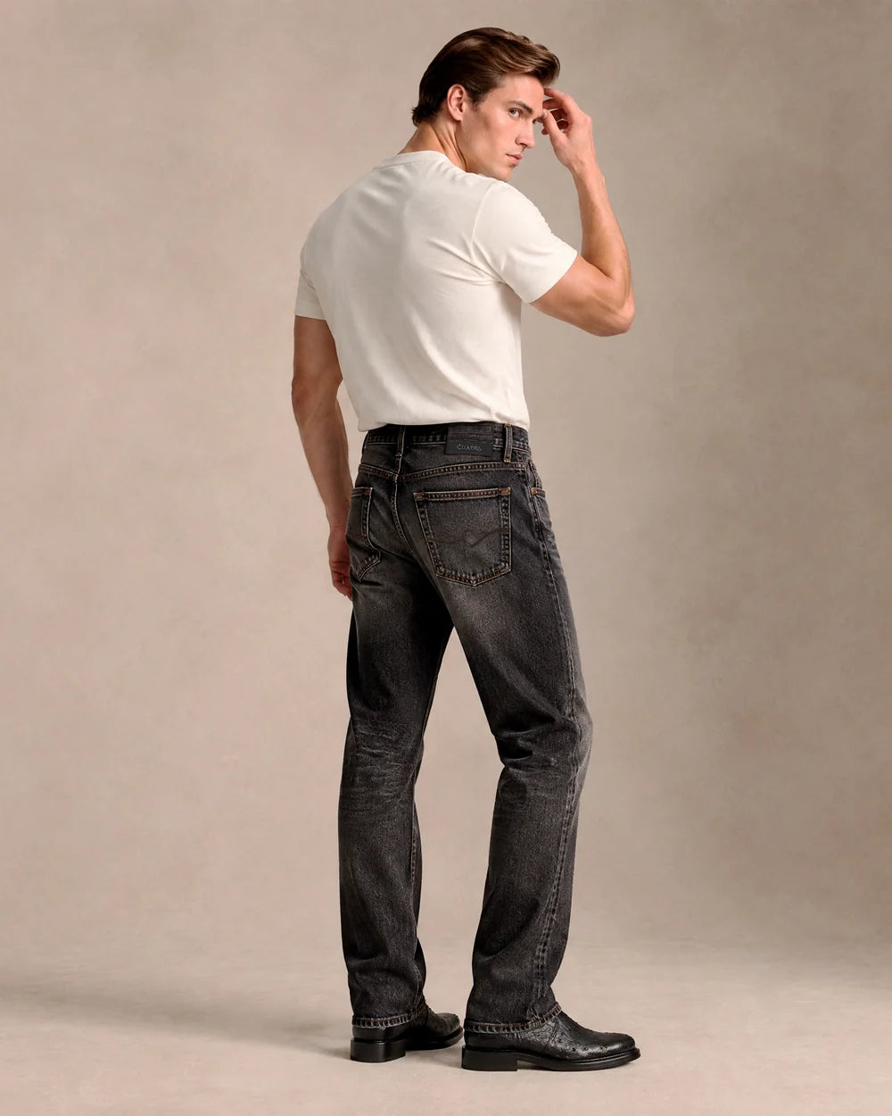 J230052 - Cuadra washed black straight leg jeans for men with leather patch