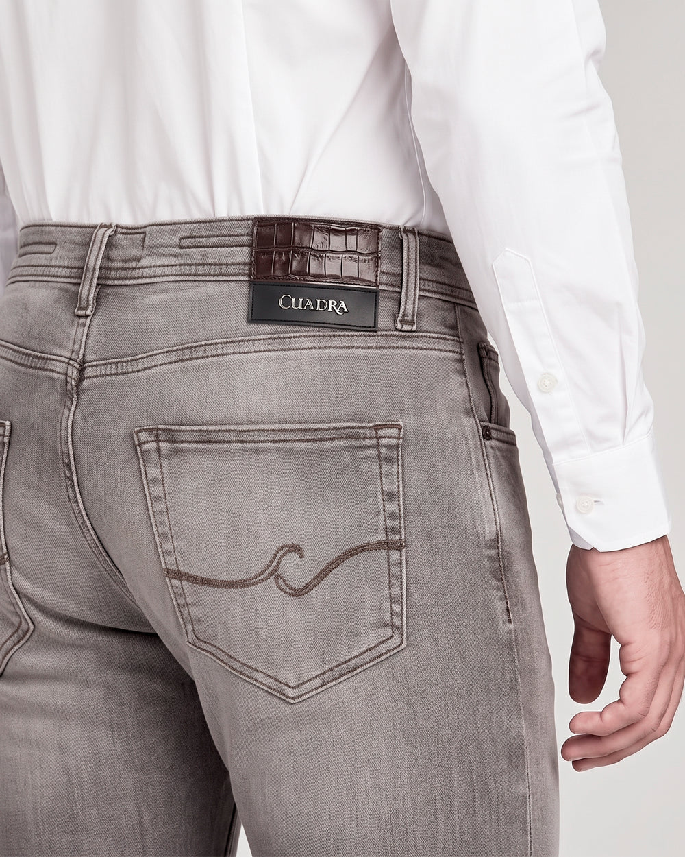J300559 - Cuadra gray wash jeans with croc-embossed leather patch for men
