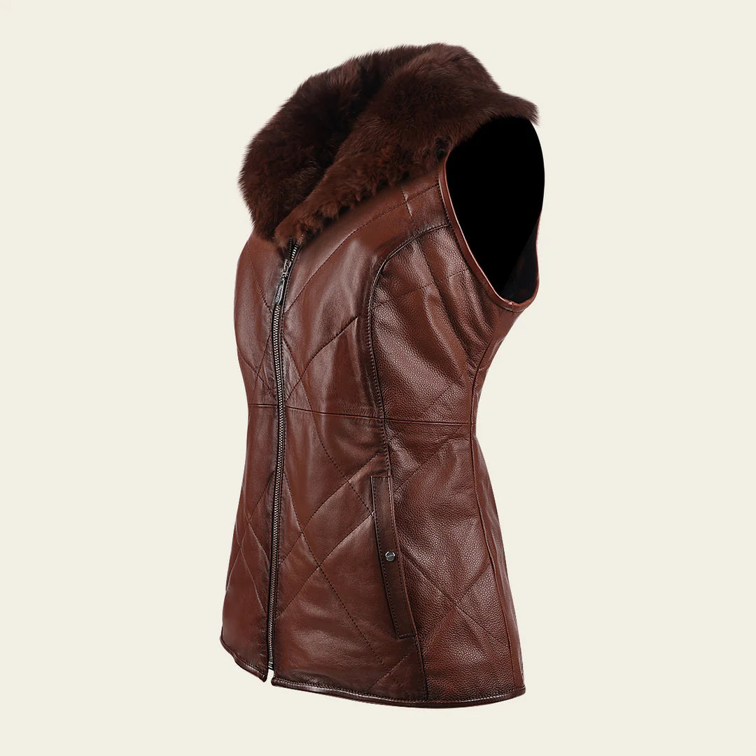 M343CNC - Cuadra brown western lambskin leather and rabbit fur vest for women