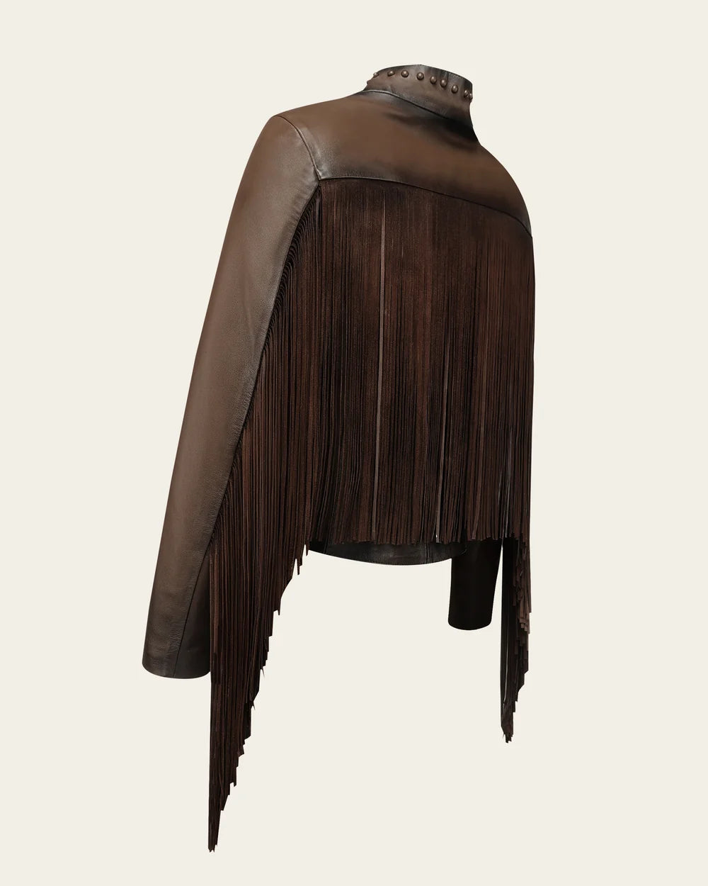 M384COA - Cuadra chocolate studded fringe leather jacket for women