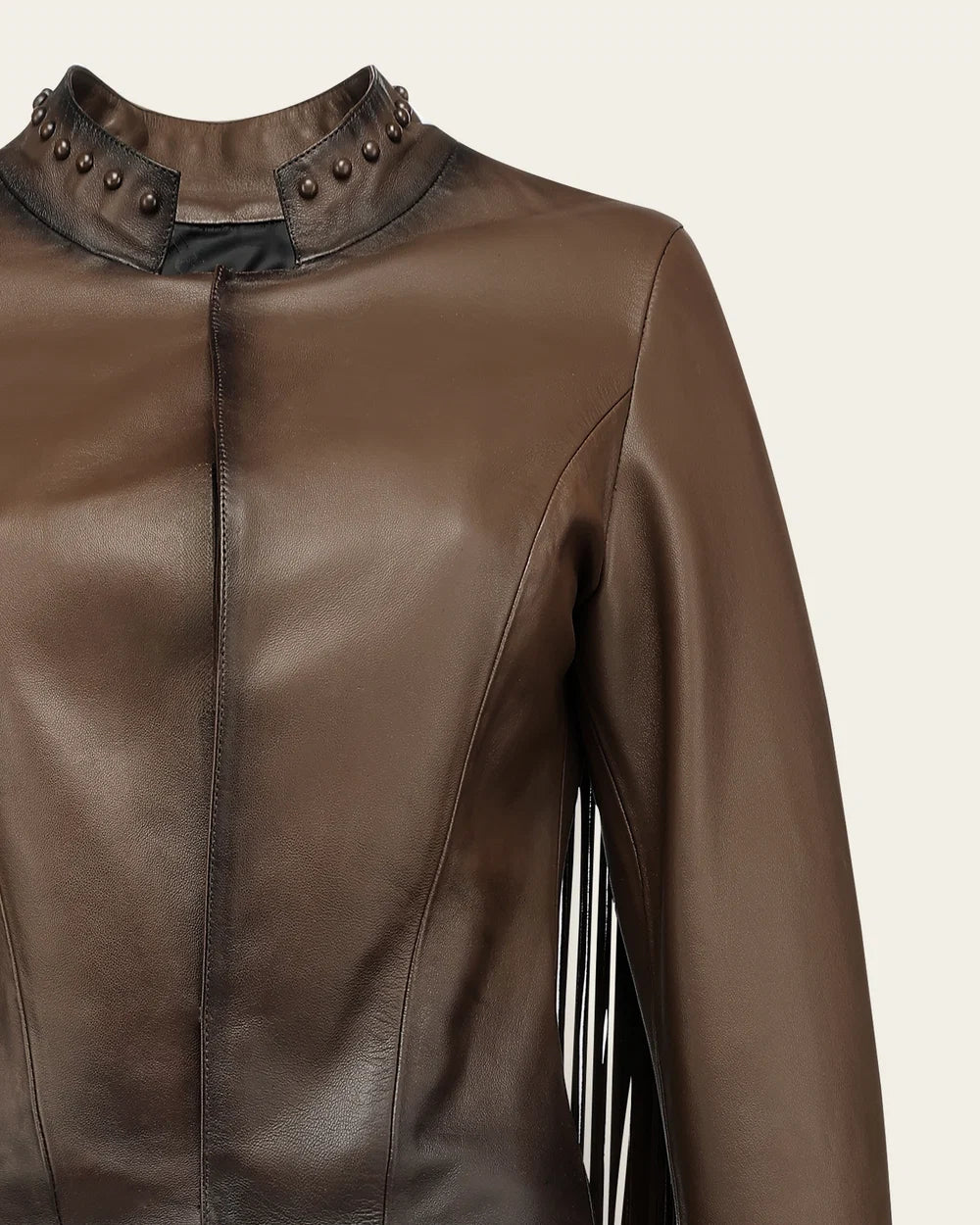 M384COA - Cuadra chocolate studded fringe leather jacket for women
