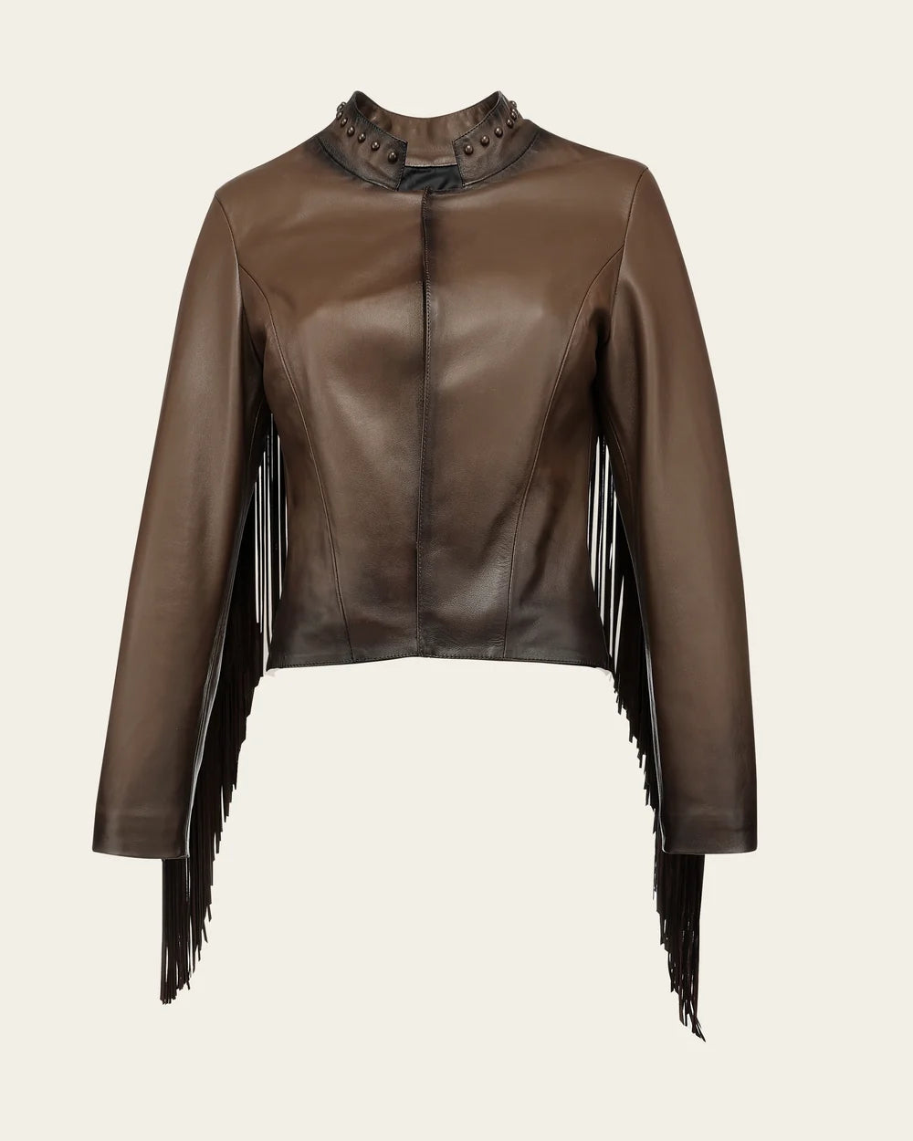 M384COA - Cuadra chocolate studded fringe leather jacket for women