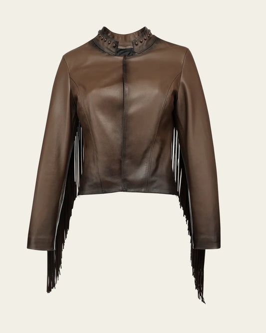 M384COA - Cuadra chocolate studded fringe leather jacket for women