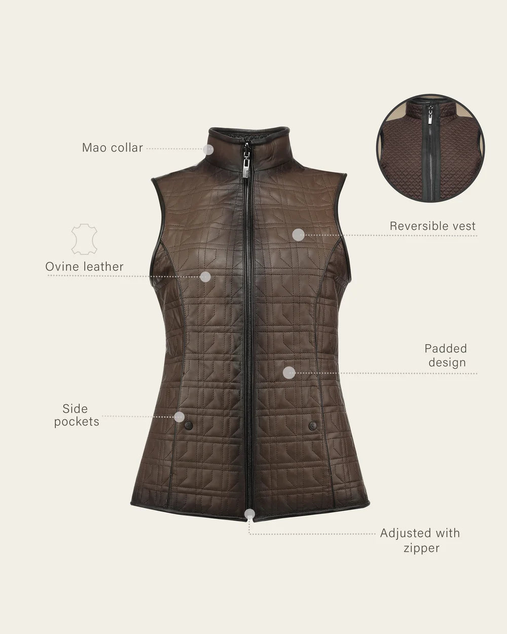 M391BOB - Cuadra Brown Reversible Quilted Leather Vest for Women