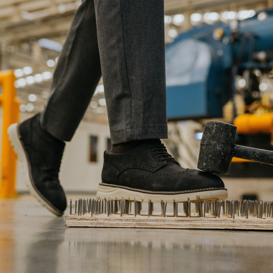 Proxon - Black Leather Steel Toe Safety Derby Wingtip Shoes for Men