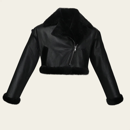 RCMOTOW - Cuadra black cropped moto shearling leather jacket for women