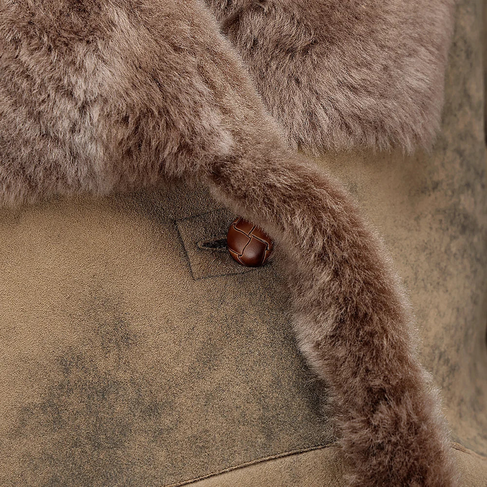 RCNG - Cuadra camel shawl collar shearling sheepskin coat for women