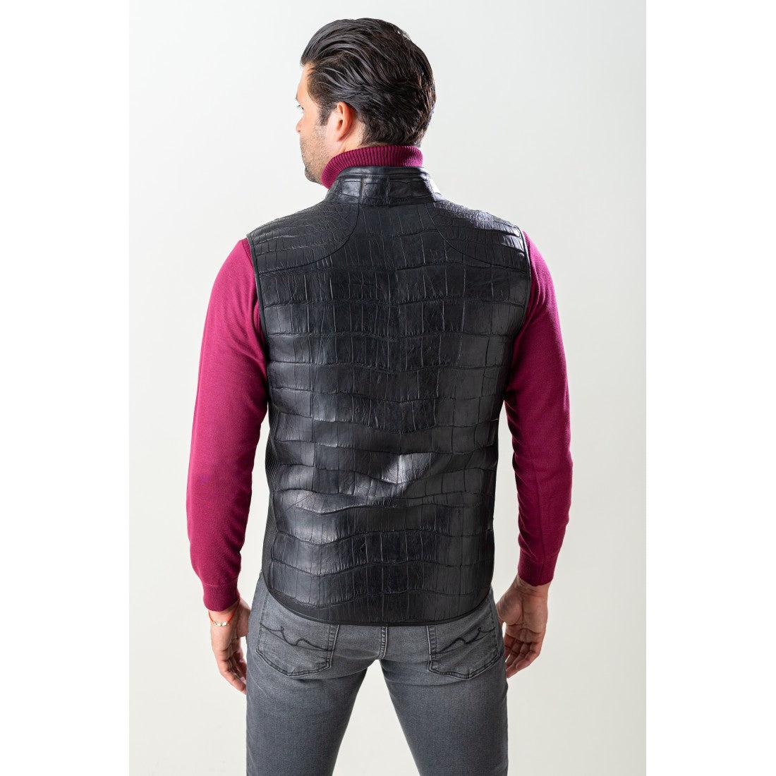 VL003G - Cuadra black casual fashion full exotic alligator leather vest for men-Kuet.us