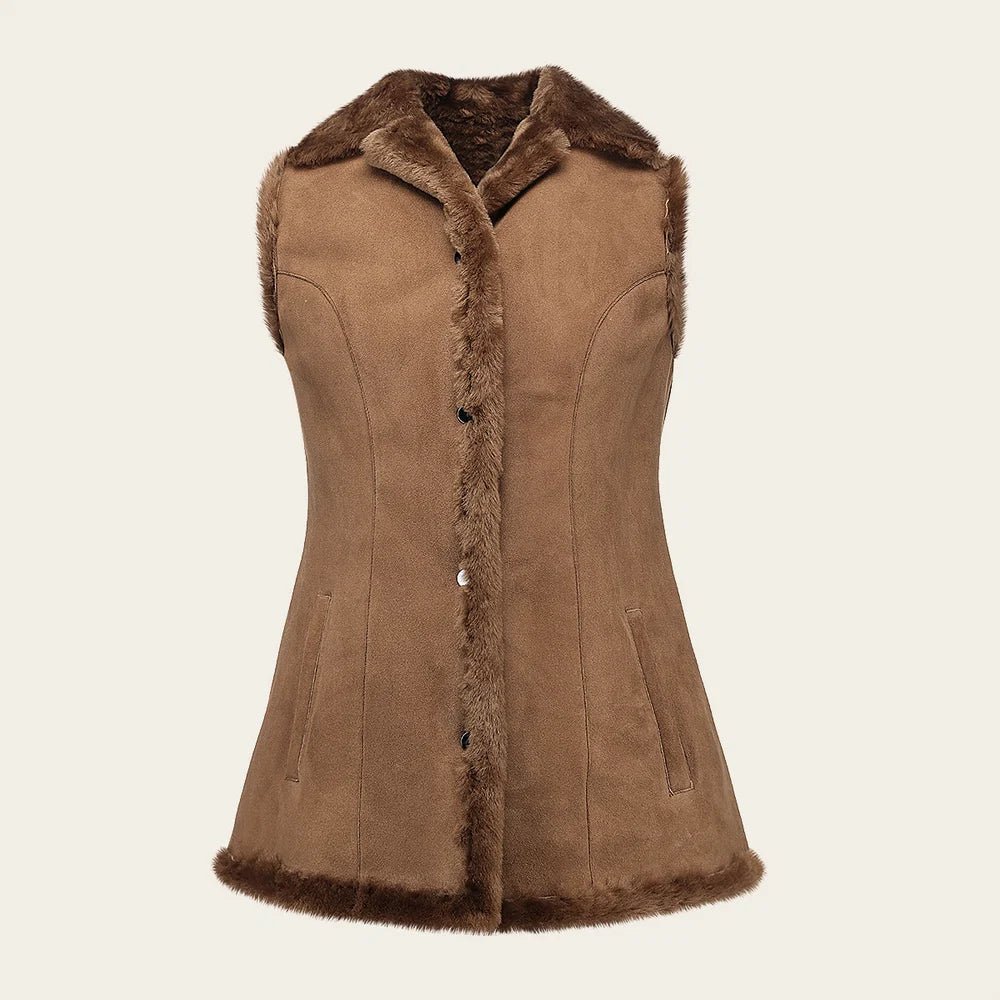 VRC501W - Cuadra cognac casual fashion notch-collar shearling vest for women