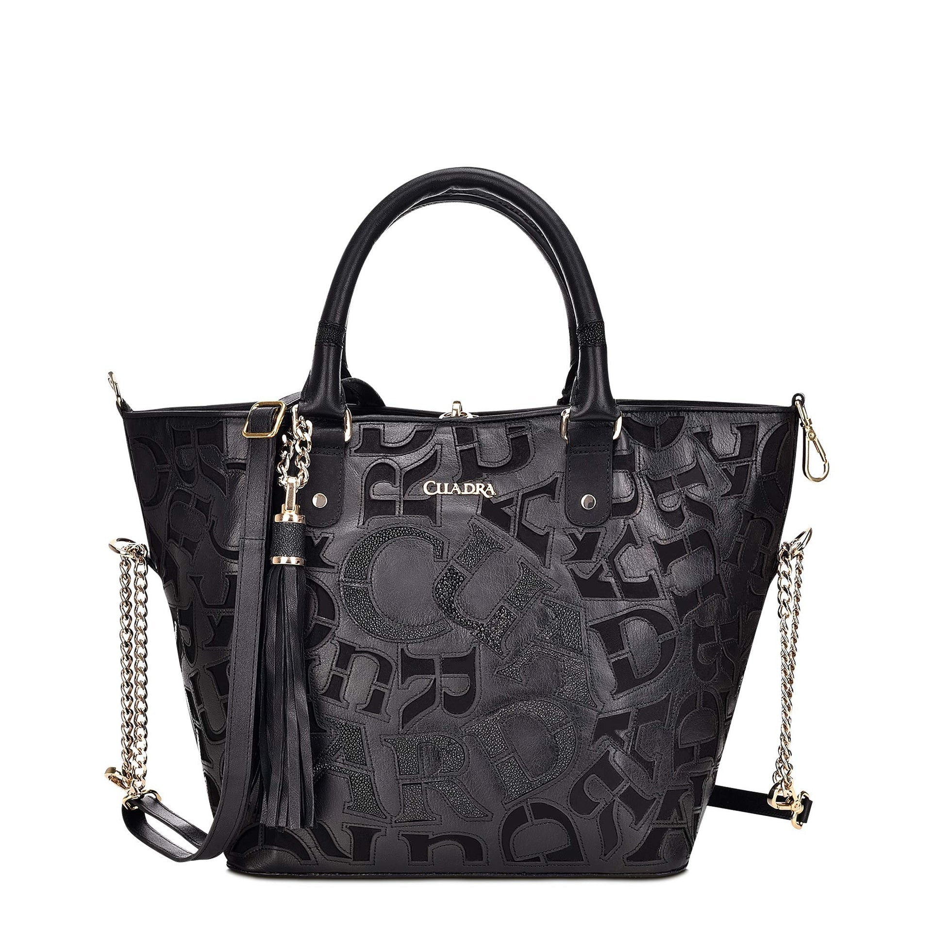 BO399MA - Cuadra black fashion leather folding canvas tote bag for women-Kuet.us