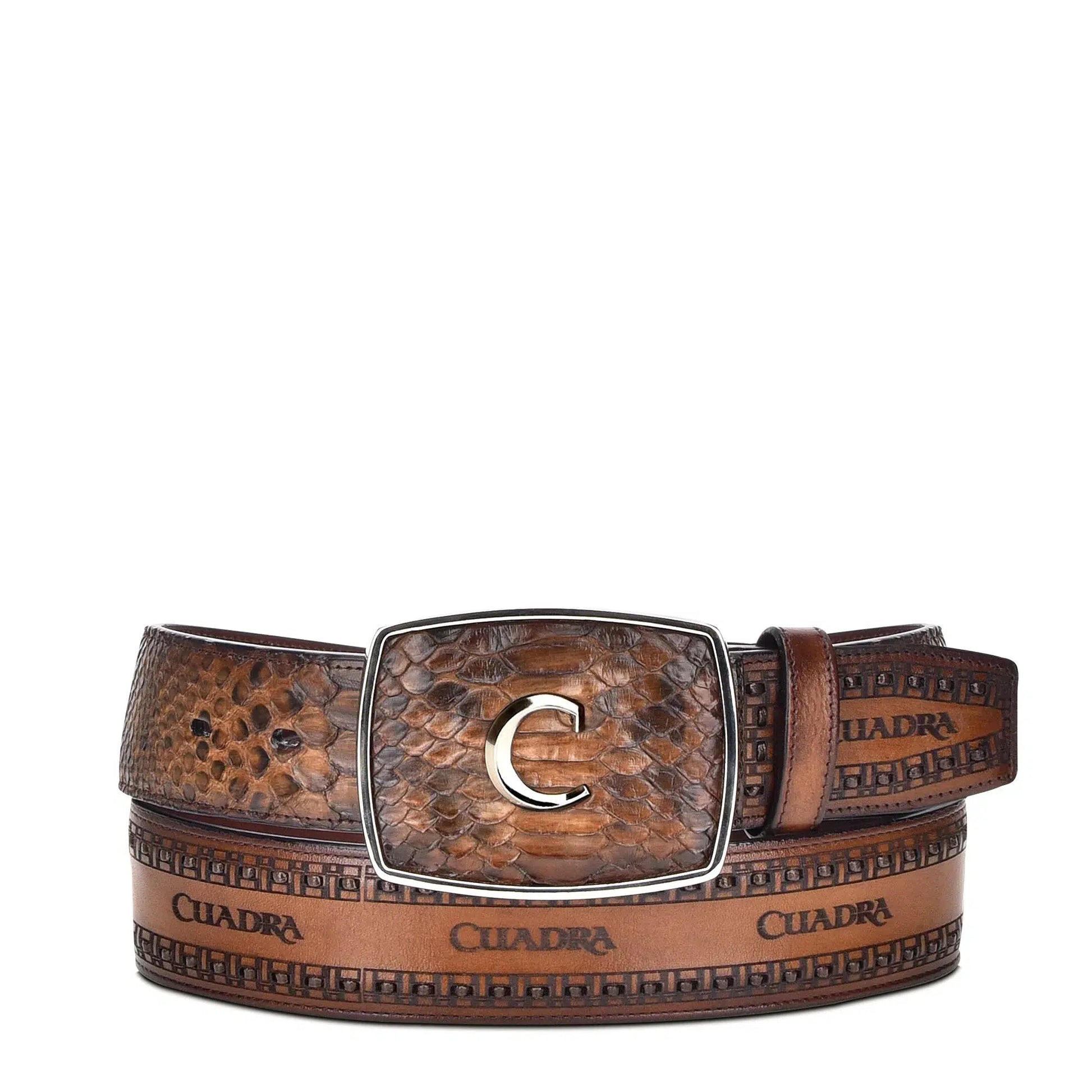 CV397PI - Cuadra brown fashion cowboy python leather belt for men-Kuet.us