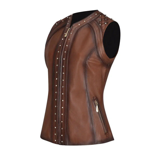 M289COC - Cuadra brown casual fashion leather vest for women-Kuet.us