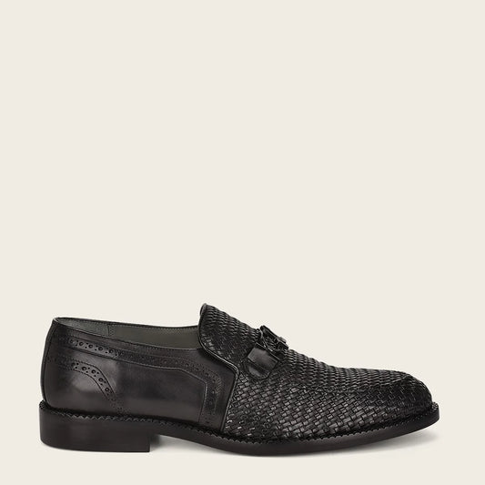 Franco Cuadra - Q94TEBU black fashion casual woven leather loafer shoe for men