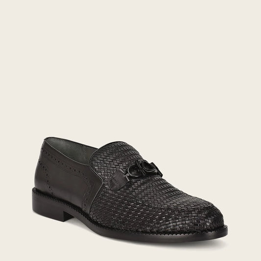 Franco Cuadra - Q94TEBU black fashion casual woven leather loafer shoe for men