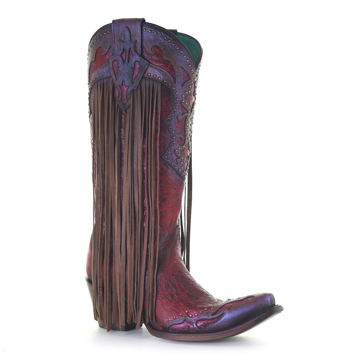 C3705 LD RED/BROWN LAMB LASER & EMBROIDERY & STUDS & FRINGE TALL TOP