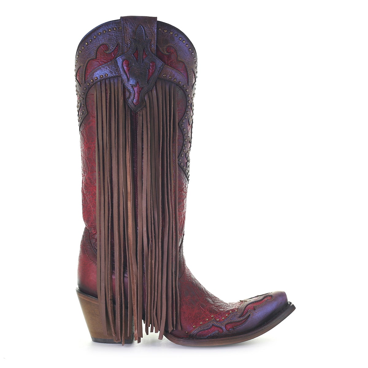 C3705 LD RED/BROWN LAMB LASER & EMBROIDERY & STUDS & FRINGE TALL TOP