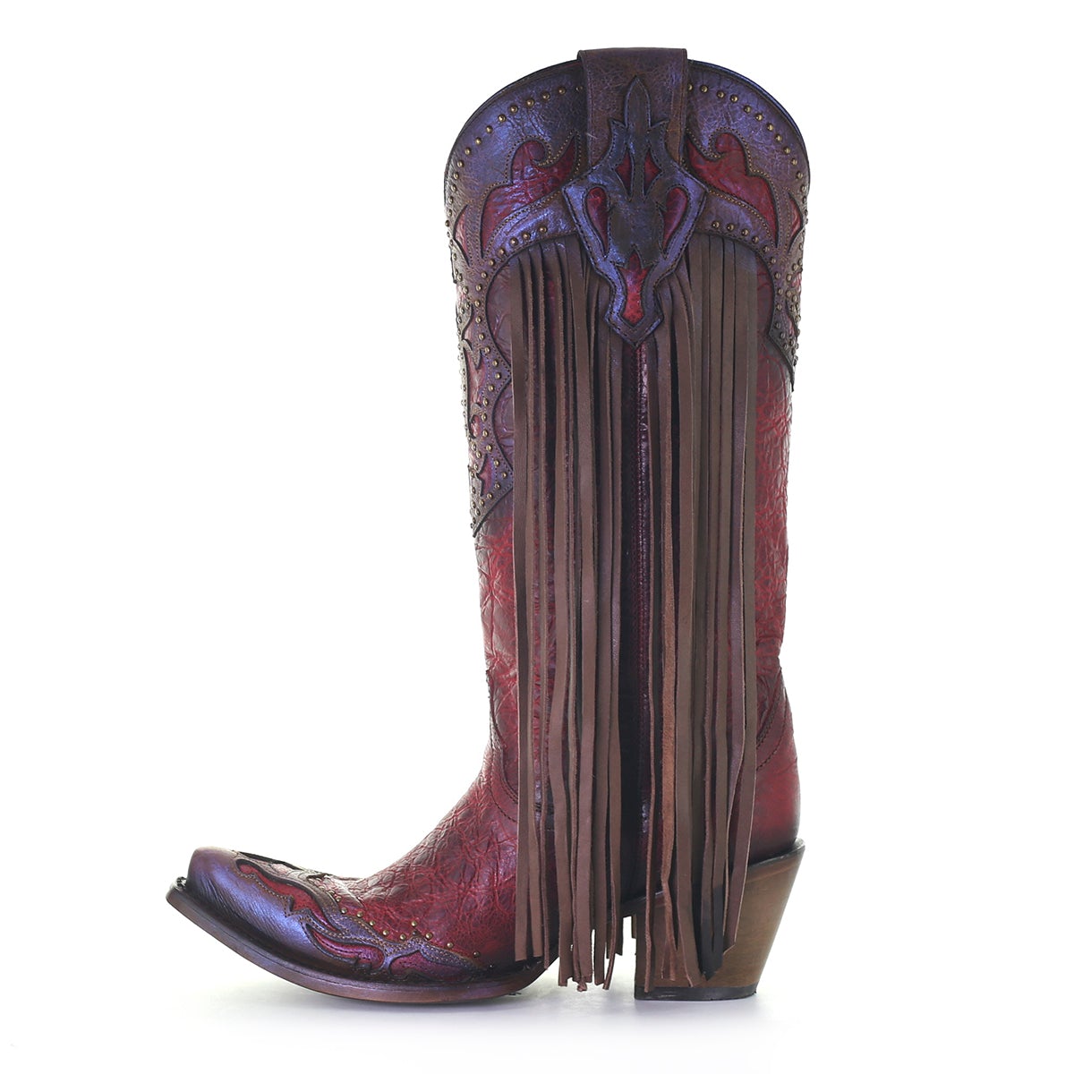 C3705 LD RED/BROWN LAMB LASER & EMBROIDERY & STUDS & FRINGE TALL TOP