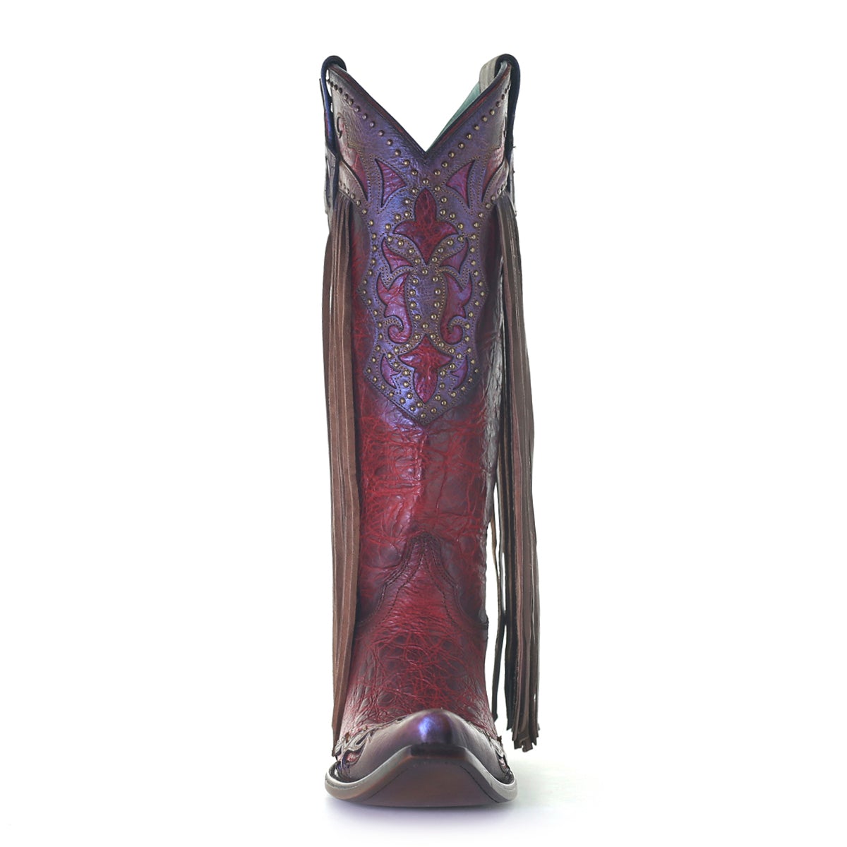 C3705 LD RED/BROWN LAMB LASER & EMBROIDERY & STUDS & FRINGE TALL TOP