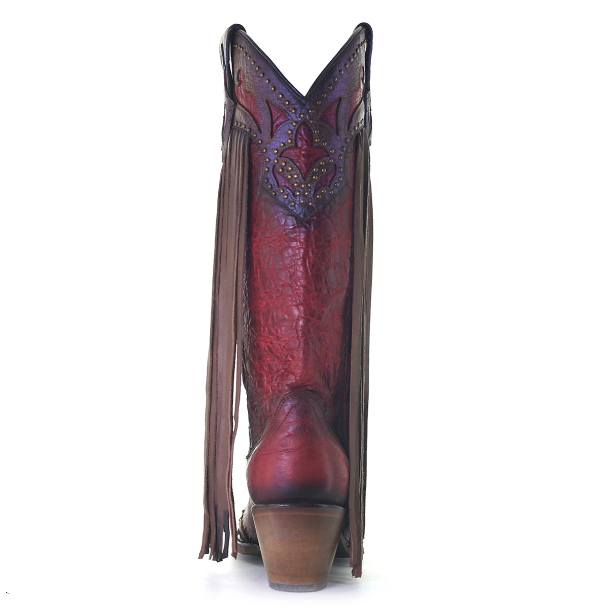 C3705 LD RED/BROWN LAMB LASER & EMBROIDERY & STUDS & FRINGE TALL TOP