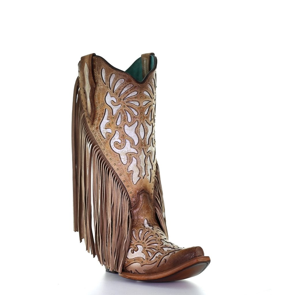 C3766- M Corral white and brown western cowgirl leather boots for women-Kuet.us