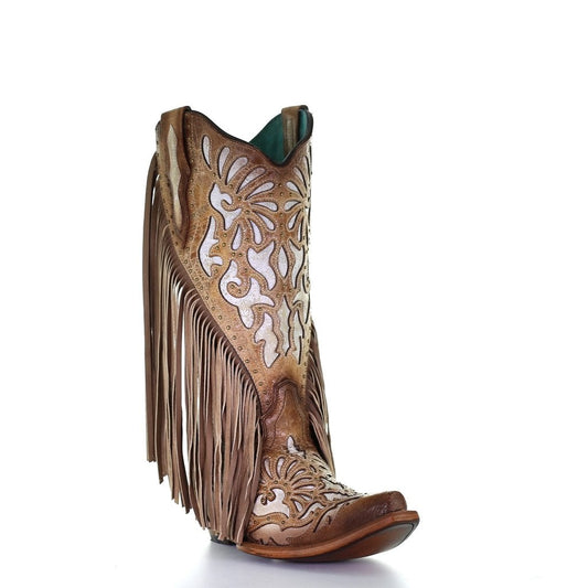C3766- M Corral white and brown western cowgirl leather boots for women-Kuet.us