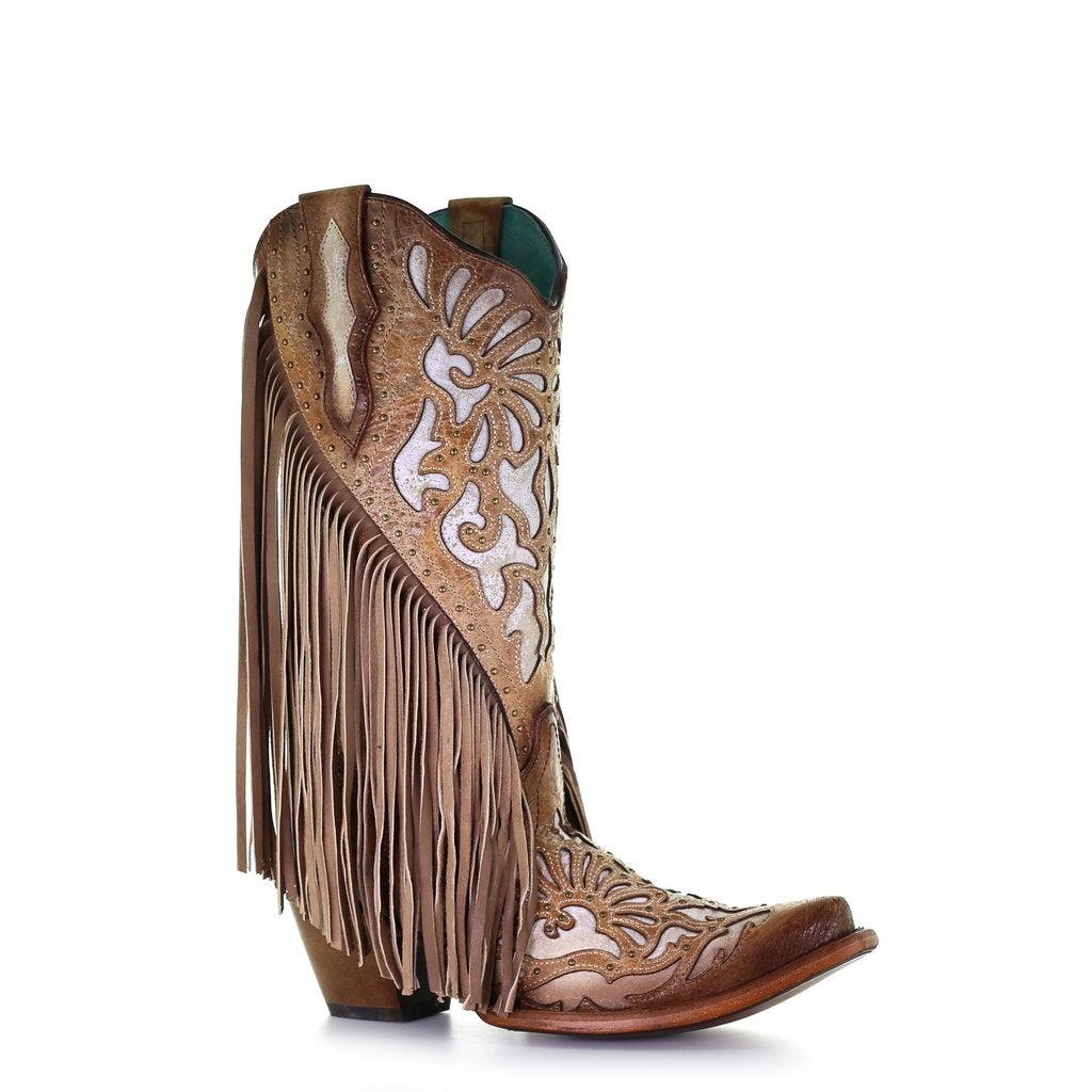 C3766- M Corral white and brown western cowgirl leather boots for women-Kuet.us