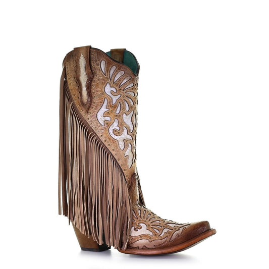 C3766- M Corral white and brown western cowgirl leather boots for women-Kuet.us