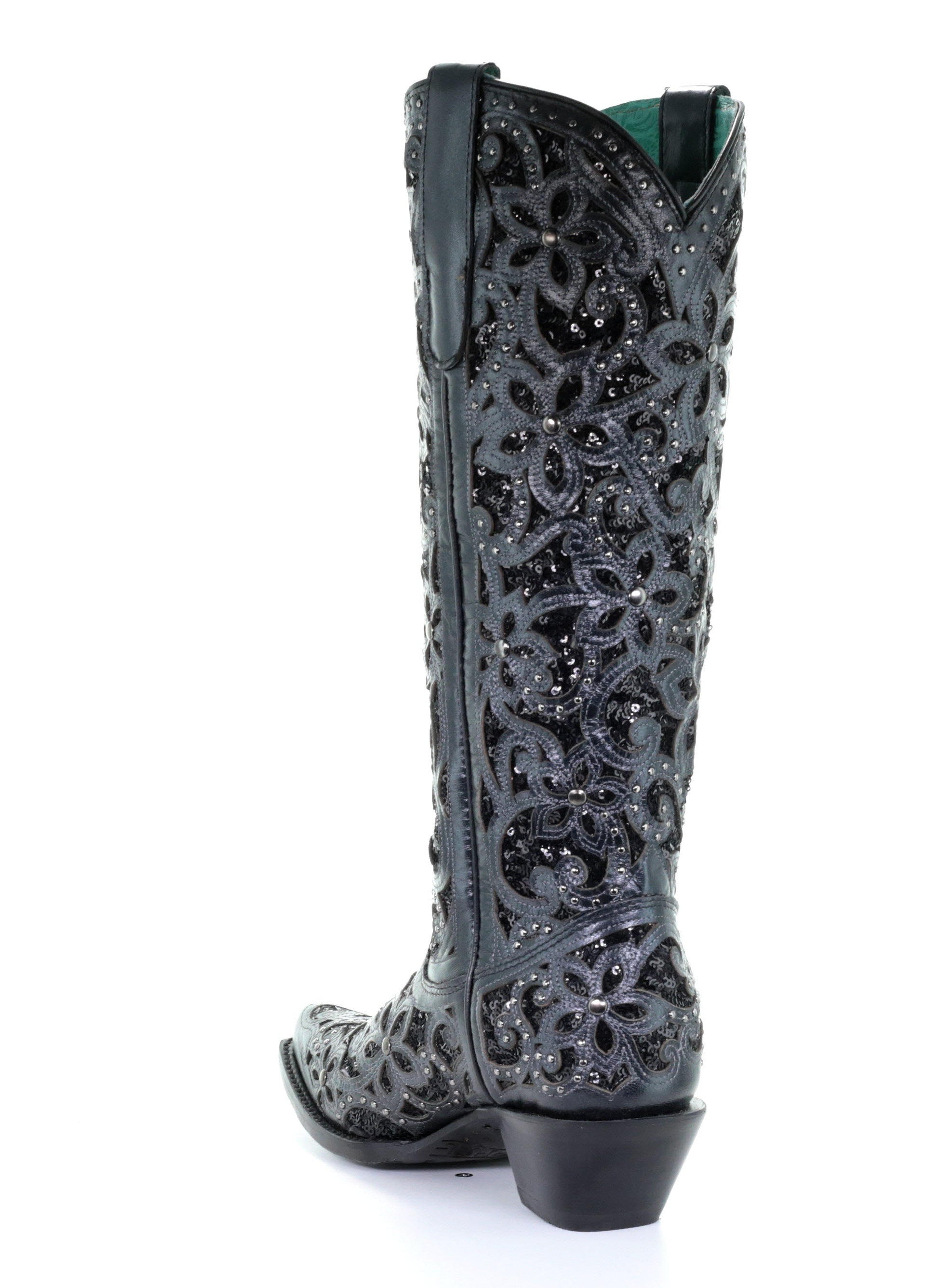 A3589 - Corral black western cowgirl leather sequins knee-high boots for women-Kuet.us