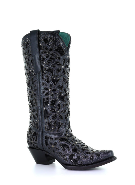 A3752 - Corral black western cowgirl leather boots for women-Kuet.us